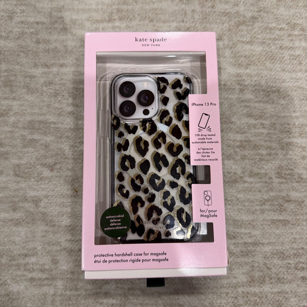 Kate Spade iPhone 13 Pro Case MagSafe Leopard‎ Print Gold Foil Hardshell New